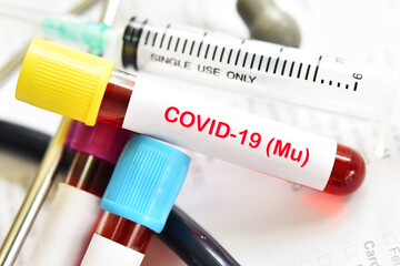 Mu variant COVID-19 positive, blood sample tube positive with mu variant of COVID-19 coronavirus