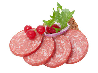 Semismoked Sausage Salami cutout. Sausage slice pieces. Salami isolated on white background