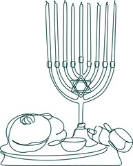 Hanukkah set of line art menorah icon isolated on black background. Religion icon. Hanukkah traditional symbol. Line drawing of jew, jewish symbol