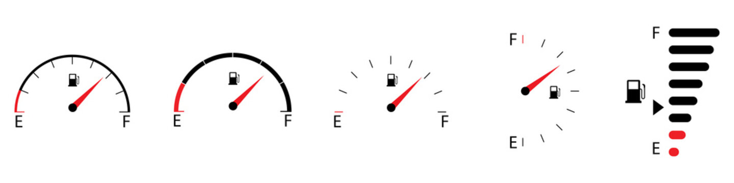 Fuel gauge indicator. Full fuel gauge icon set. Gas tank. Different dashboard auto panel equipment with arrow. Vector illustration.