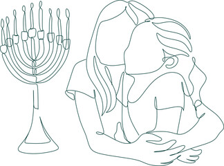 Hanukkah set of line art menorah icon isolated on black background. Religion icon. Hanukkah traditional symbol. Line drawing of jew, jewish symbol