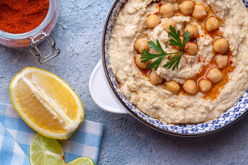 Hummus, chickpea on plate, traditional delicious Turkish food (Turkish name; Humus)