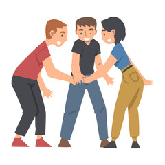 Happy Man and Woman Character with Their Hands in Stack Putting Them Together Showing Unity and Solidarity Vector Illustration