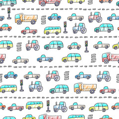 Beautiful bright colorful multicolored cartoon cars isolated on white background. Childrens cute transport seamless pattern. Vector simple flat graphic hand drawn illustration. Texture.
