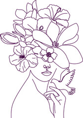 Female Line Drawing Modern Minimalist, Peony Flowers Woman Print, Woman With Flower Head, Minimal Logo Drawing Woman, Wall Art Sketch