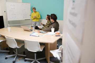 Obraz premium Businesswoman at whiteboard leading conference room meeting