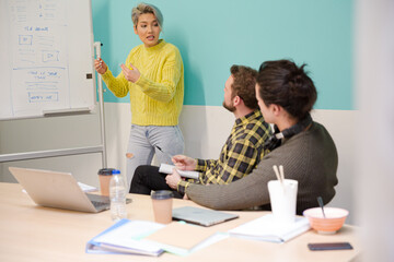 Businesswoman at whiteboard leading conference room meeting