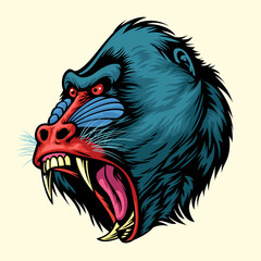 Angry hand drawn of mandrill monkey head
