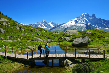 Idyllic landscape with Mont Blanc mountain range in sunny day. Hikers on trip in the Nature Reserve...