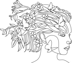 Women's faces line art with flowers and leaves. Continuous line art in elegant style for prints, tattoos, posters, textile, cards etc. Beautiful woman face Vector illustration