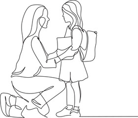 Parents take their children to school line illustration. Line art vector Education