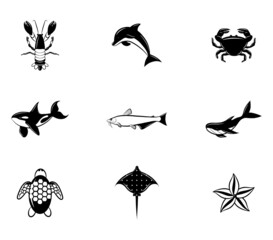 set of silhouettes of sea habitants 