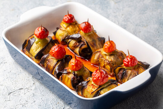 Traditional delicious Turkish food; Kofte kebab wrapped in eggplant (Turkish name; Islim - islim kebabi or kurdan kebabi)