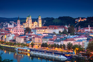 Fototapeta na wymiar Passau Skyline, Germany. Aerial cityscape image of Passau skyline, Bavaria, Germany at twilight blue hour.