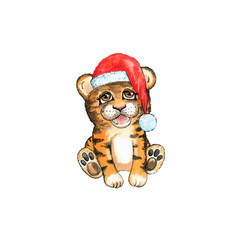 Cartoon tiger in a Christmas hat isolated on a white background. A funny sedentary New Year's tiger cub. Cute cat. Watercolor hand drawing