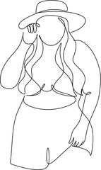 Beautiful woman plus size body line art illustration. Minimalist linear female oversize figure. Abstract nude sensual line art. Simple body positive elegant poster. - obrazy, fototapety, plakaty
