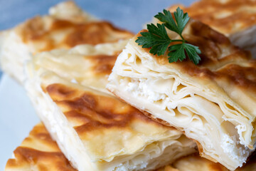 Delicious Turkish food; Tray pastry; (Turkish name; Su boregi)