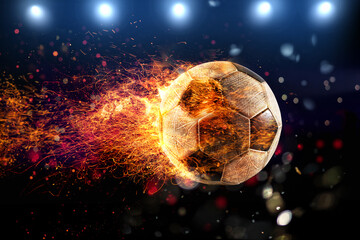 Powerful kick of a soccer ball with flame of fire - obrazy, fototapety, plakaty