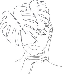 Face with monstera leaves Line art. One Line drawing art. Continuous line icon for spa salon or organic cosmetics © Victoria