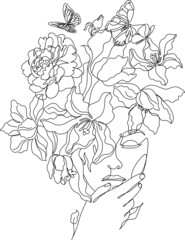 Flower face woman line drawing. Modern continuous line art. Women line art. Beauty salon logo. Coloring book. Botanical print. Nature symbol of cosmetics. Fashion logo.