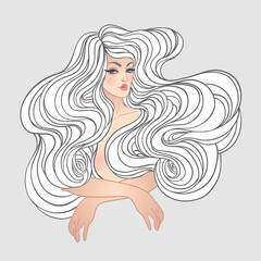 Tribal Fusion Boho Diva. Beautiful divine girl with long curly hair. Bohemian goddess. Hand drawn elegant illustration isolated.