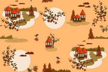 Seamless pattern with houses and trees on a beige background for the design of fabric, wallpaper, napkins. Vector illustration