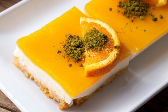 A delicious Turkish dessert; Etimek dessert with orange, orange cake, orange milk cake (Turkish name; Portakalli etimek tatlisi)