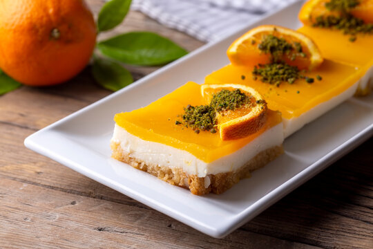 A delicious Turkish dessert; Etimek dessert with orange, orange cake, orange milk cake (Turkish name; Portakalli etimek tatlisi)