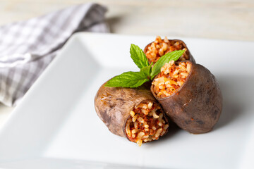 Traditional delicious Turkish foods; dried eggplant stuffed (Turkish name; Kuru patlican dolmasi)