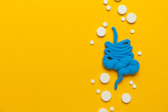 Human intestines with pills on a yellow background. Diarrhea and constipation. Stitches and stomach discomfort. Copy space.