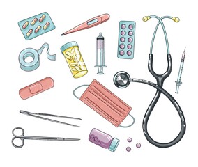 Collection of medical equipment and tools
