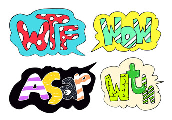 Set of Comic Text, Vector Comic Speach, Pop Art style.WTF, WTH, WOW and ASAP funny text bubbles