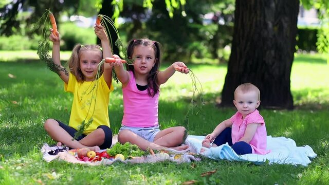 Three little girls on the lawn surrounded by various vegetables and fruits are playing with raw carrots