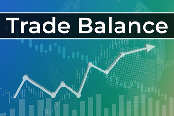 Financial term Trade balance on blue and green finance background from graphs, charts, columns, candles, bars, numbers. Trend Up and Down, Flat. 3D illustration