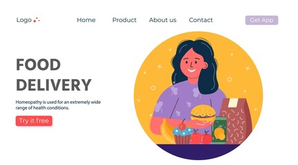  Web page with delivery service of takeaway food. Mobile application for product online order. Vector illustration