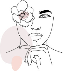 Woman line art beauty logo. Surreal Line art female floral girl. Abstract face with plants by  line drawing. Portrait minimalistic style. Nature symbol of cosmetics. Botanical logo. 
