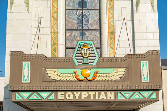 DeKalb, Illinois, USA - August 3rd 2021 - This fully restored historic Egyptian revival theater was built in 1929 and now appears on the national register of historic places.