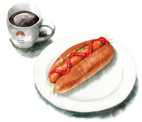 アナログ水彩ホットドッグとコーヒー