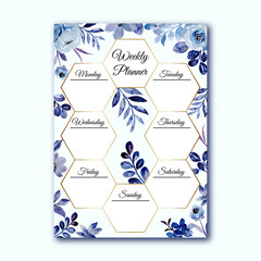 Weekly planner with blue floral watercolor