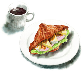 アナログ水彩ハムとチーズのクロワッサンサンドとコーヒーセット