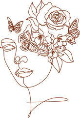 Flower face woman line drawing. Modern continuous line art. Women line art. Beauty salon logo. Coloring book. Botanical print. Nature symbol of cosmetics. Fashion logo.