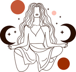 Magic woman boho vector illustrations of graceful feminine women and esoteric symbols set. Mysterious and witchcraft line art design elements. Bohemian silhouettes for greeting card, logo or poster.