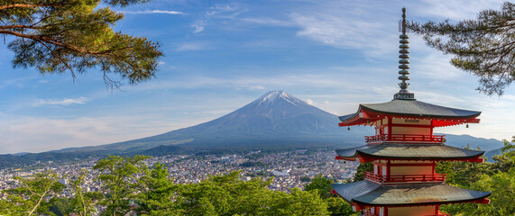 Panorama Beautiful landscape Mountain fuji and Chureito Pagoda, Yamanashi, Japan - Image