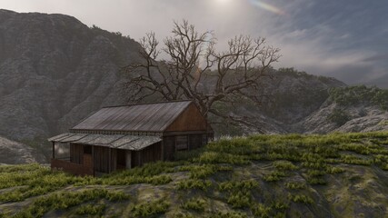 3d Rendering Illustration Of Wooden Cottage In Mountain