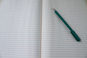 green pen, notebook sheets ruler. school notebook