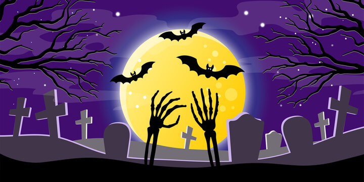 Halloween banner. Full moon against the dark sky, flying vampire bats and silhouettes of graves, crosses in the cemetery and zombie bones