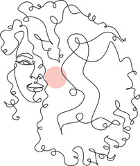 Afro american woman in a modern abstract minimalist one line style. Continuous black line simple drawing. Curly hair woman. Isolated on white. 