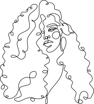 Afro american woman in a modern abstract minimalist one line style. Continuous black line simple drawing. Curly hair woman. Isolated on white. 