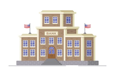 Vector illustration of bank financing. Large bank building on white background. Loan, deposit, ATM, cash withdrawal, receiving bank card.
