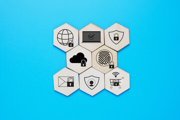 A picture of ways to improve against cybersecurity threat on hexagon wood shape.